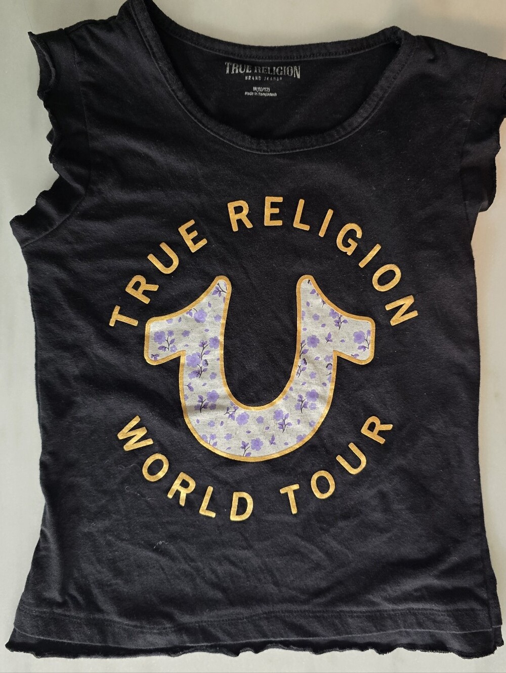 True Religion Sleeveless Shirt Designer Ruffle Y2K Girls Flowers M 10/12 Black